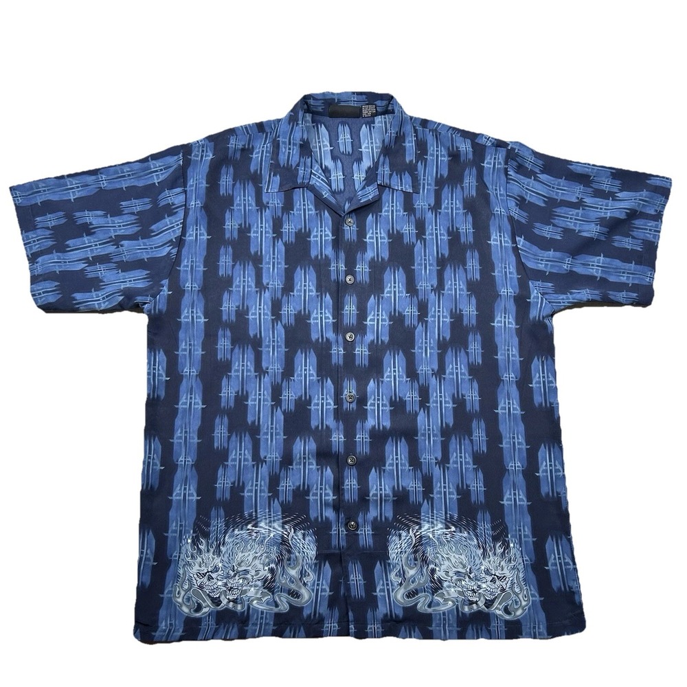 Vintage ODO Shirt Mens XL Camp Polyester Button Up Skulls Flames Y2K 90s Rave